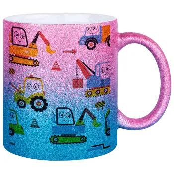 Hand drawing building truck, Κούπα Χρυσή/Μπλε Glitter, κεραμική, 330ml