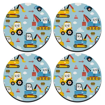 Hand drawing building truck, SET of 4 round wooden coasters (9cm)