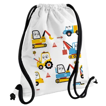 Hand drawing building truck, Backpack pouch GYMBAG white, with pocket (40x48cm) & thick cords