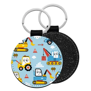 Hand drawing building truck, Μπρελόκ Δερματίνη, στρογγυλό ΜΑΥΡΟ (5cm)