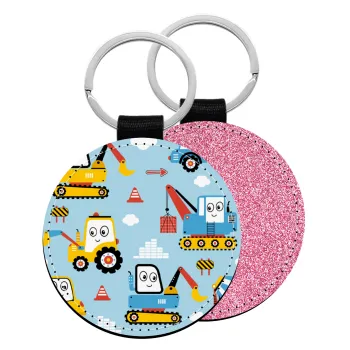 Hand drawing building truck, Μπρελόκ Δερματίνη, στρογγυλό ΡΟΖ (5cm)