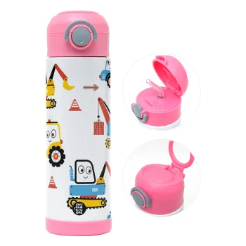 Hand drawing building truck, Children's hot water bottle, stainless steel, with safety straw, PINK (500ml)
