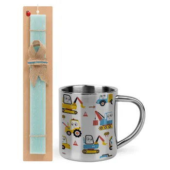 Hand drawing building truck, Easter Set, metallic thermal cup (300ml) & aromatic flat Easter candle (30cm) (TURQUOISE)