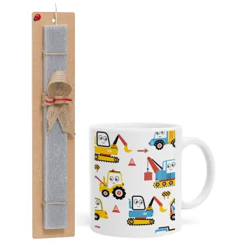 Hand drawing building truck, Easter Set, Ceramic Cup (330ml) & Easter aromatic flat candle (30cm) (GRAY)