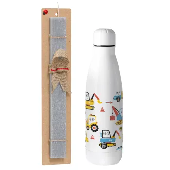 Hand drawing building truck, Πασχαλινή Λαμπάδα με μεταλλικό παγούρι θερμός ανοξείδωτο (500ml) & κερί αρωματικό πλακέ (30cm) (ΓΚΡΙ)