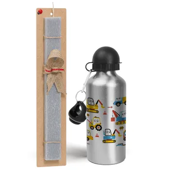 Hand drawing building truck, Easter Set, metallic silver aluminum water bottle (500ml) & aromatic flat Easter candle (30cm) (GRAY)