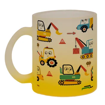 Hand drawing building truck, Κούπα γυάλινη δίχρωμη με βάση το κίτρινο ματ, 330ml