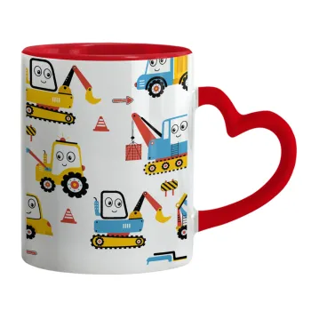 Hand drawing building truck, Mug heart red handle, ceramic, 330ml