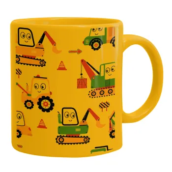 Hand drawing building truck, Ceramic coffee mug yellow, 330ml