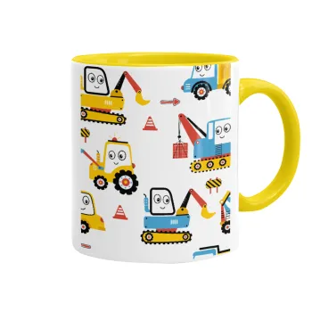 Hand drawing building truck, Mug colored yellow, ceramic, 330ml