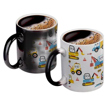 Hand drawing building truck, Color changing magic Mug, ceramic, 330ml when adding hot liquid inside, the black colour desappears (1 pcs)