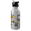 Water bottle Silver with straw, stainless steel 600ml
