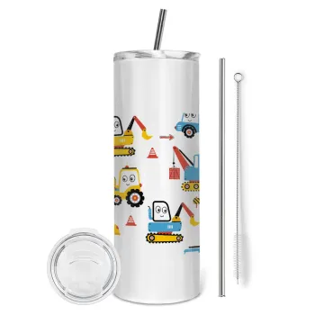 Hand drawing building truck, Tumbler ποτήρι θερμό από ανοξείδωτο ατσάλι 600ml, με μεταλλικό καλαμάκι & βούρτσα καθαρισμού