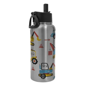 Hand drawing building truck, Μεταλλικό παγούρι θερμός Silver με καλαμάκι και χερούλι (Stainless steel), διπλού τοιχώματος, 950ml