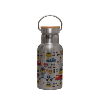Rescue team cartoon, Stainless steel metallic thermos flask, silver with a bamboo lid, double-walled, 350ml.