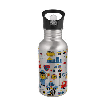 Rescue team cartoon, Water bottle Silver with straw, stainless steel 500ml
