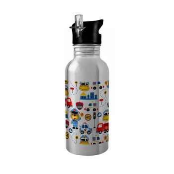 Rescue team cartoon, Water bottle Silver with straw, stainless steel 600ml