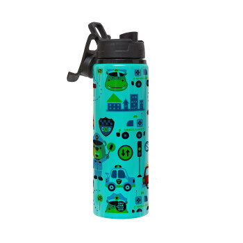 Rescue team cartoon, Metallic water bottle with safety lid, 850ml aluminum
