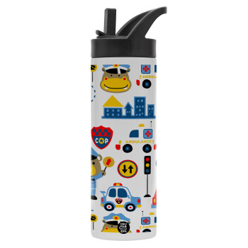 Rescue team cartoon, Μεταλλικό παγούρι θερμός με καλαμάκι & χειρολαβή, ανοξείδωτο ατσάλι (Stainless steel 304), διπλού τοιχώματος, 600ml