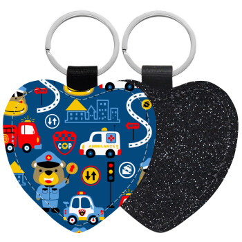 Rescue team cartoon, Μπρελόκ PU δερμάτινο glitter καρδιά ΜΑΥΡΟ