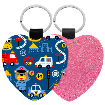 Rescue team cartoon, Μπρελόκ PU δερμάτινο glitter καρδιά ΡΟΖ