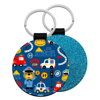 Rescue team cartoon, Μπρελόκ Δερματίνη, στρογγυλό ΜΠΛΕ (5cm)