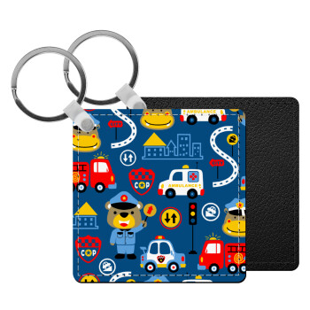 Rescue team cartoon, Μπρελόκ Δερματίνη, τετράγωνο ΜΑΥΡΟ (5x5cm)