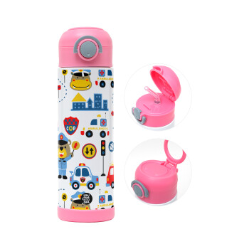 Rescue team cartoon, Children's hot water bottle, stainless steel, with safety straw, PINK (500ml)
