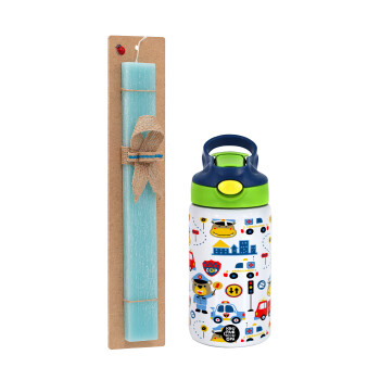 Rescue team cartoon, Easter Set, Children's thermal stainless steel bottle with safety straw, green/blue (350ml) & aromatic flat Easter candle (30cm) (TURQUOISE)
