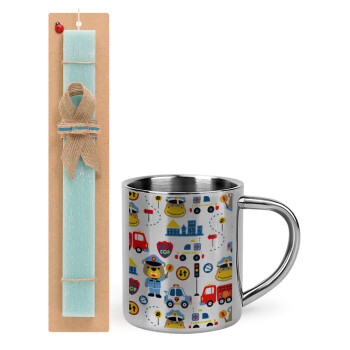 Rescue team cartoon, Easter Set, metallic thermal cup (300ml) & aromatic flat Easter candle (30cm) (TURQUOISE)
