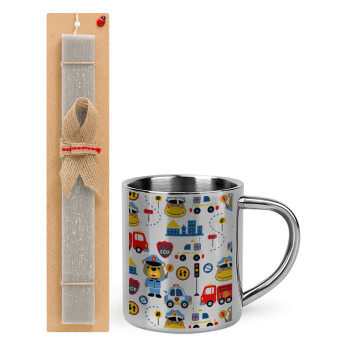 Rescue team cartoon, Easter Set, metallic thermal cup (300ml) & Easter aromatic flat candle (30cm) (GRAY)