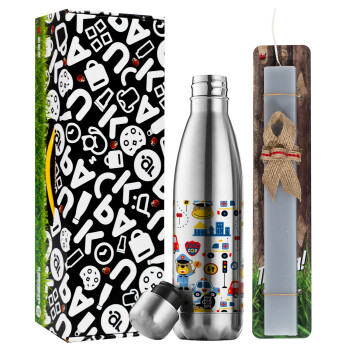 Rescue team cartoon, Easter Set, metallic stainless thermos flask (500ml) & scented flat Easter candle (30cm) (GRAY)