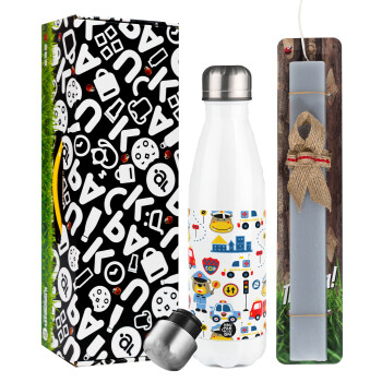 Rescue team cartoon, Easter candle, metallic white thermos bottle (500ml) & aromatic flat candle (30cm) (GRAY)
