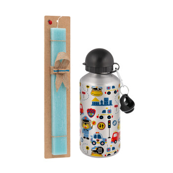 Rescue team cartoon, Easter Set, metallic silver aluminum water bottle (500ml) & scented flat Easter candle (30cm) (TURQUOISE)