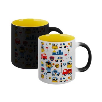 Rescue team cartoon, Κούπα Μαγική εσωτερικό κίτρινη, κεραμική 330ml που αλλάζει χρώμα με το ζεστό ρόφημα