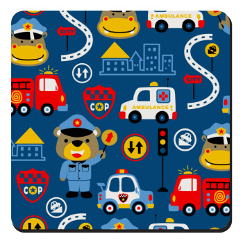 Rescue team cartoon, Τετράγωνο μαγνητάκι ξύλινο 9x9cm