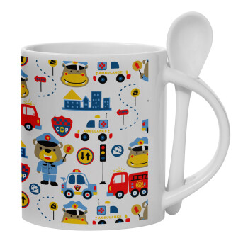 Rescue team cartoon, Ceramic coffee mug with Spoon, 330ml (1pcs)