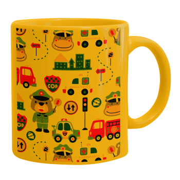Rescue team cartoon, Ceramic coffee mug yellow, 330ml