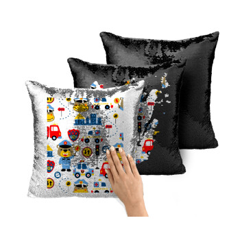 Rescue team cartoon, Μαξιλάρι καναπέ Μαγικό Μαύρο με πούλιες 40x40cm περιέχεται το γέμισμα