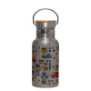 Stainless steel metallic thermos flask, silver with a bamboo lid, double-walled, 350ml.