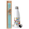 Easter Set, metallic stainless steel water bottle (750ml) & aromatic flat Easter candle (30cm) (TURQUOISE)