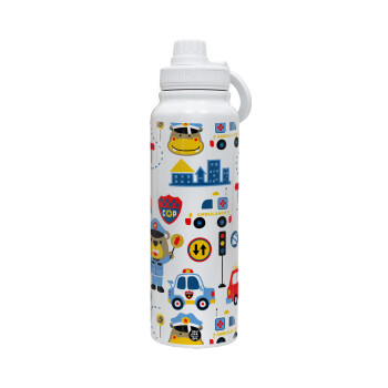 Rescue team cartoon, 1L Stainless Steel Thermal Bottle with Phone Holder & Double Wall Insulation