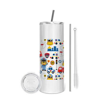 Rescue team cartoon, Tumbler stainless steel 600ml, with metal straw & cleaning brush