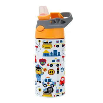 Rescue team cartoon, Children's hot water bottle, stainless steel, with safety straw, Orange/Grey (360ml) BPA-FREE