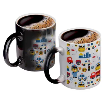Rescue team cartoon, Color changing magic Mug, ceramic, 330ml when adding hot liquid inside, the black colour desappears (1 pcs)