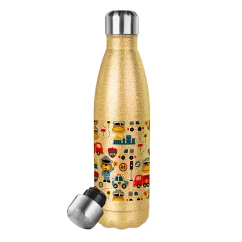 Rescue team cartoon, Glitter gold stainless steel thermos bottle, double-walled, 500ml