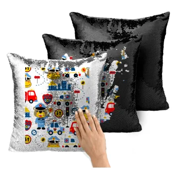 Rescue team cartoon, Μαξιλάρι καναπέ Μαγικό Μαύρο με πούλιες 40x40cm περιέχεται το γέμισμα