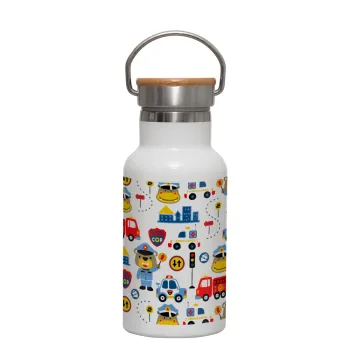 Rescue team cartoon, Μεταλλικό παγούρι θερμός (Stainless steel) Λευκό με ξύλινο καπακι (bamboo), διπλού τοιχώματος, 350ml