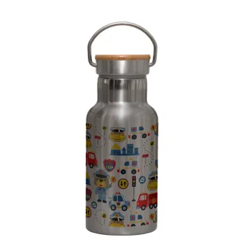 Rescue team cartoon, Stainless steel metallic thermos flask, silver with a bamboo lid, double-walled, 350ml.