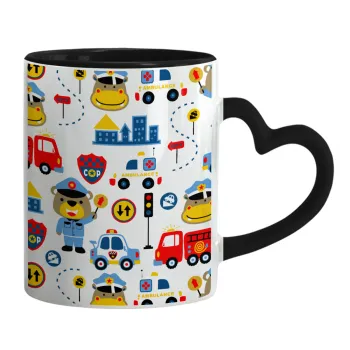 Rescue team cartoon, Mug heart black handle, ceramic, 330ml